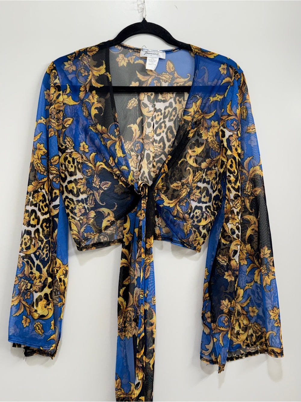 Jasmine Sportswear Baroque Royal Blue Gold Sheer Tie Front Crop Top